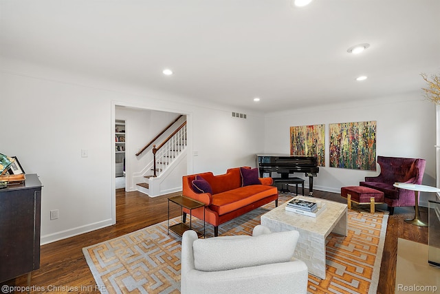 1174 Lakeside Dr, Birmingham, MI 48009 - living room featuring wood finished floors, recessed lighting, and stairs
