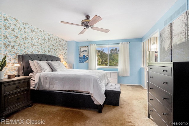 854 Yorktown Ct, Northville, MI 48167 - bedroom featuring wallpapered walls, light carpet, and ceiling fan