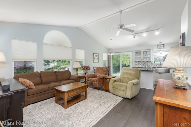 3527 Applewood Ln Unit 2, Grand Blanc, MI 48439 - living room featuring dark wood-style flooring, a ceiling fan, and lofted ceiling