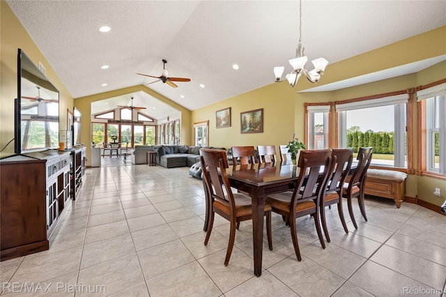 8922 Mcclements Rd, Brighton, MI 48114 - dining space with lofted ceiling, a chandelier, light tile patterned floors, recessed lighting, and ceiling fan