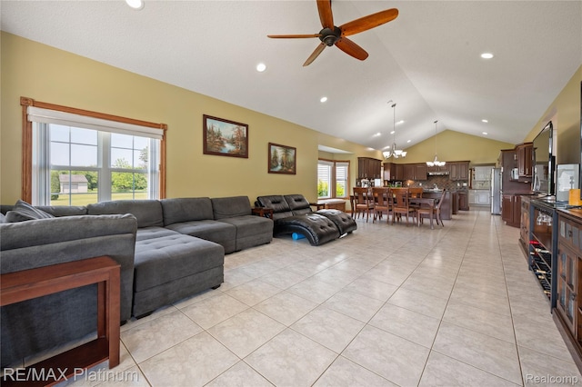 8922 Mcclements Rd, Brighton, MI 48114 - living room featuring vaulted ceiling, light tile patterned flooring, a chandelier, ceiling fan, and recessed lighting