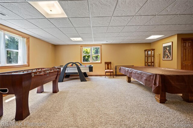 8922 Mcclements Rd, Brighton, MI 48114 - game room with carpet flooring, billiards table, and a paneled ceiling