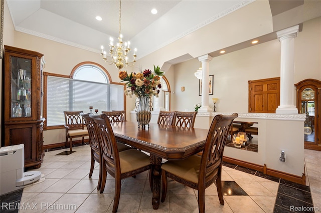 8922 Mcclements Rd, Brighton, MI 48114 - dining space with ornate columns, light tile patterned flooring, recessed lighting, a chandelier, and ornamental molding