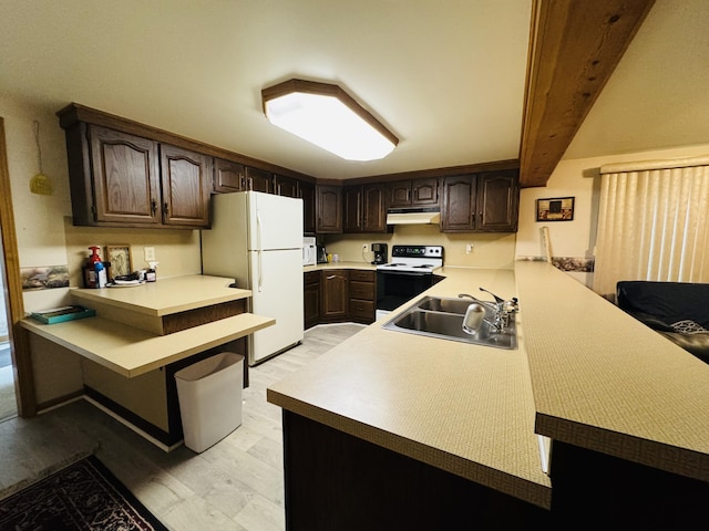 1225 Huntly Rd, Niles, MI 49120 - kitchen with freestanding refrigerator, range with electric cooktop, a peninsula, and dark brown cabinets