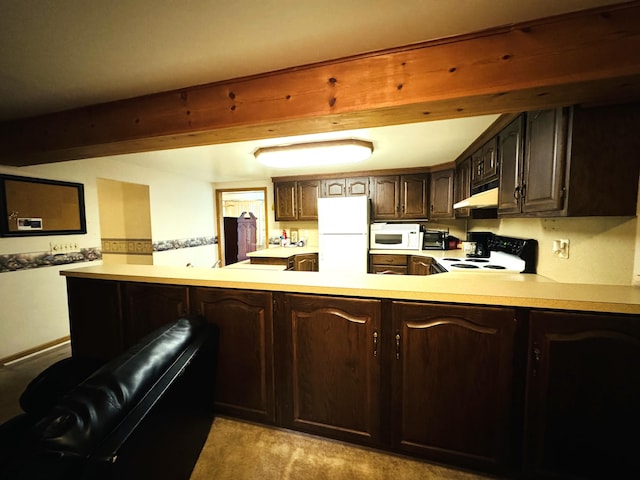 1225 Huntly Rd, Niles, MI 49120 - kitchen featuring white appliances, under cabinet range hood, light countertops, a peninsula, and dark brown cabinetry