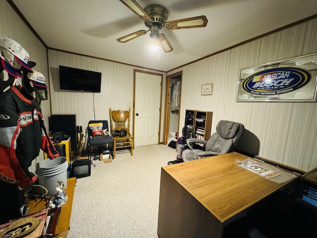 1225 Huntly Rd, Niles, MI 49120 - home office with ornamental molding, carpet floors, and a ceiling fan