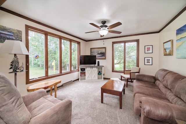 3750 River Rd, Manistee, MI 49660 - living room with ceiling fan, light colored carpet, and crown molding