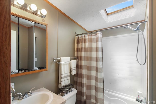 13482 Pear St, Carleton, MI 48117 - bathroom with a skylight, shower / tub combo with curtain, lofted ceiling, and vanity