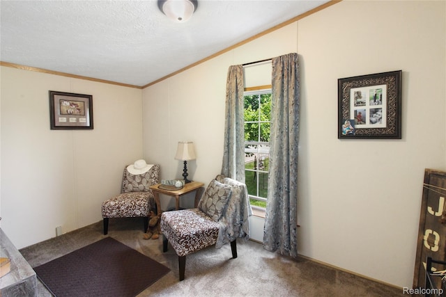 13482 Pear St, Carleton, MI 48117 - living area with carpet flooring, lofted ceiling, and ornamental molding
