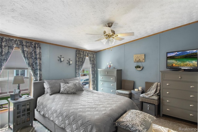 13482 Pear St, Carleton, MI 48117 - bedroom with crown molding, a textured ceiling, a ceiling fan, and lofted ceiling