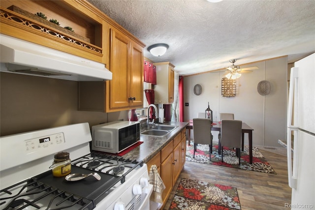 13482 Pear St, Carleton, MI 48117 - kitchen featuring white appliances, dark wood finished floors, under cabinet range hood, a ceiling fan, and a textured ceiling