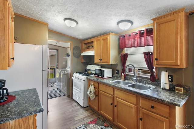13482 Pear St, Carleton, MI 48117 - kitchen featuring white appliances, washer and clothes dryer, under cabinet range hood, light wood-style flooring, and dark countertops