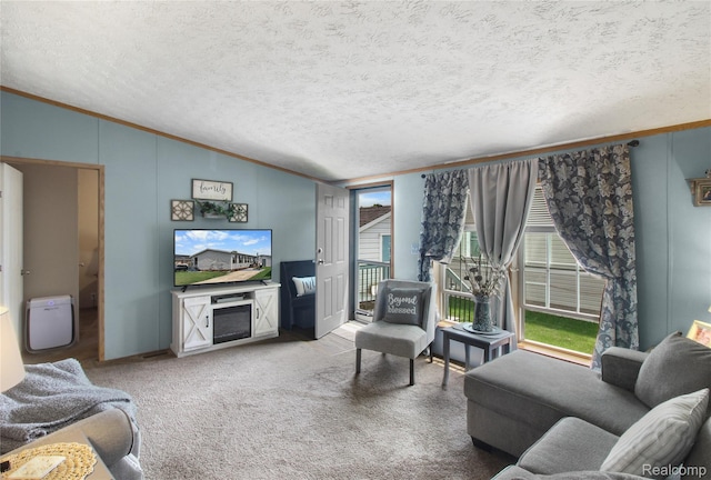 13482 Pear St, Carleton, MI 48117 - living room with vaulted ceiling, crown molding, carpet flooring, and a textured ceiling