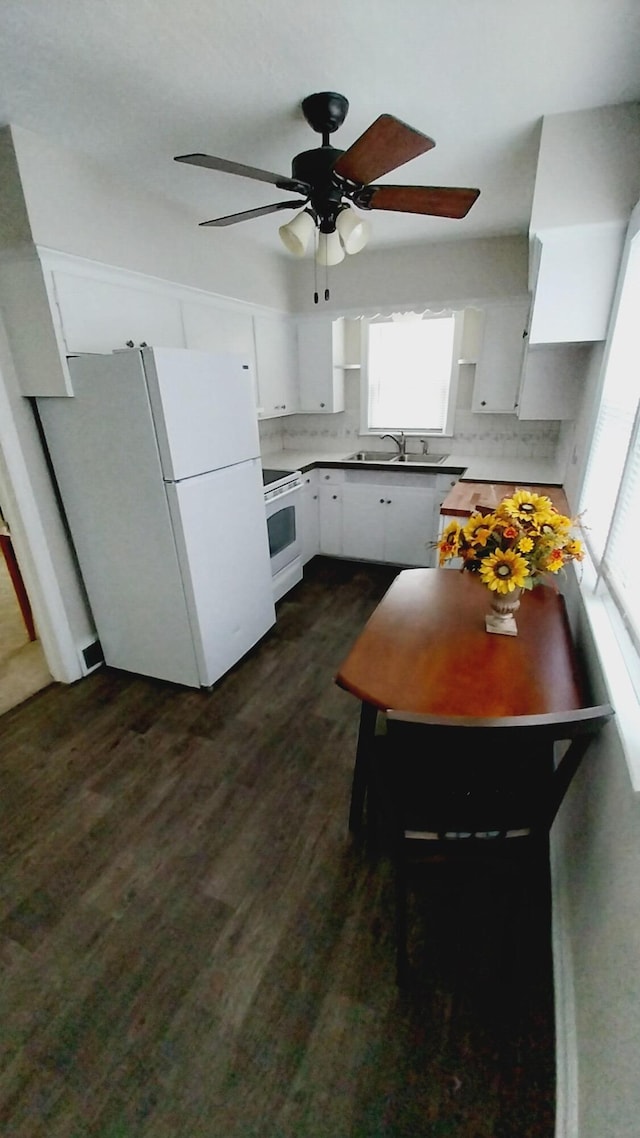 1418 Stamford Ave, Kalamazoo, MI 49048 - kitchen featuring white appliances, a ceiling fan, white cabinets, backsplash, and dark wood finished floors