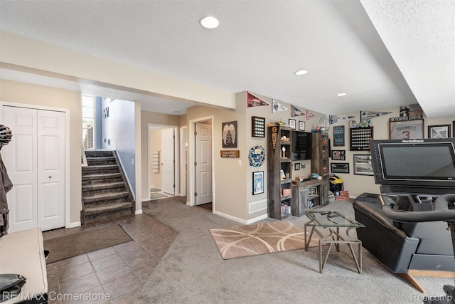 1232 Michael Dr, Westland, MI 48186 - living room with stairway, recessed lighting, a textured ceiling, and carpet floors