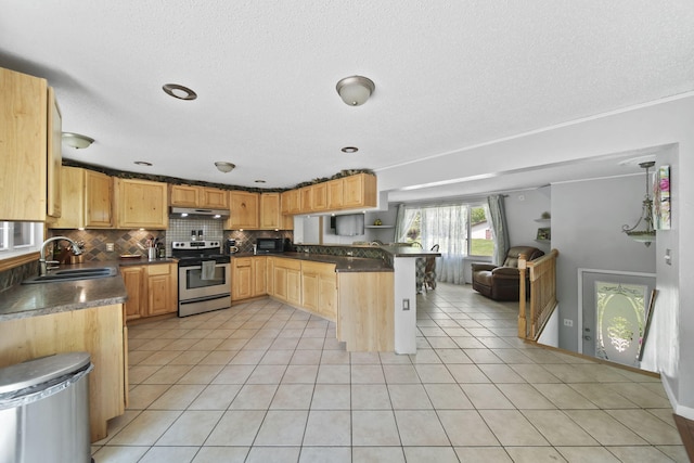 4787 Hooks Mill Rd, Adrian, MI 49221 - kitchen with stainless steel electric range oven, under cabinet range hood, dark countertops, backsplash, and a peninsula