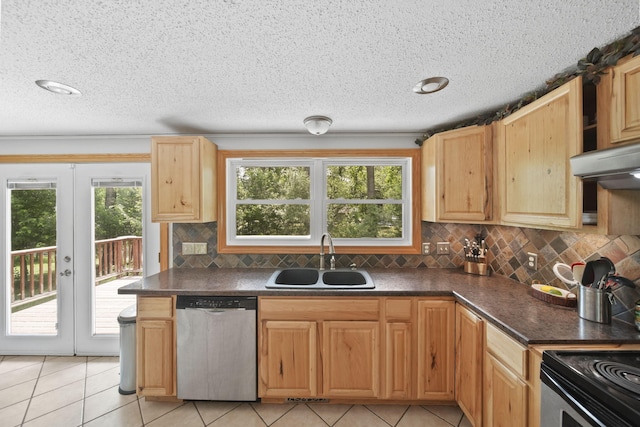 4787 Hooks Mill Rd, Adrian, MI 49221 - kitchen with stainless steel dishwasher, tasteful backsplash, french doors, dark countertops, and a textured ceiling