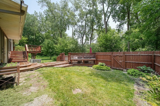 4787 Hooks Mill Rd, Adrian, MI 49221 - fenced backyard with a deck, view of scattered trees, a gate, and stairs