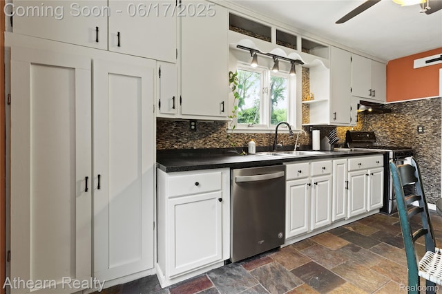 10129 Nimphie Rd, Fenton, MI 48430 - kitchen featuring stainless steel appliances, open shelves, dark countertops, decorative backsplash, and white cabinetry