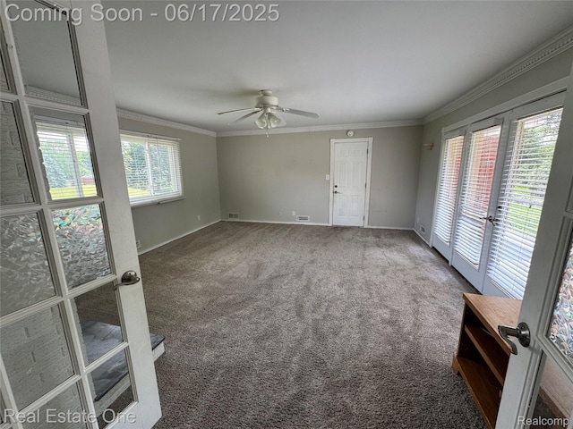3340 Chickering Ln, Bloomfield Hills, MI 48302 - carpeted spare room with ceiling fan, crown molding, and french doors