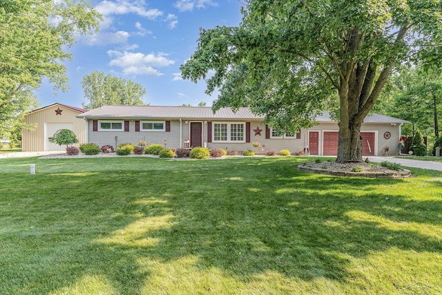 17278 Roosevelt Rd, Hemlock, MI 48626 - ranch-style house with a front yard, a metal roof, and an attached garage