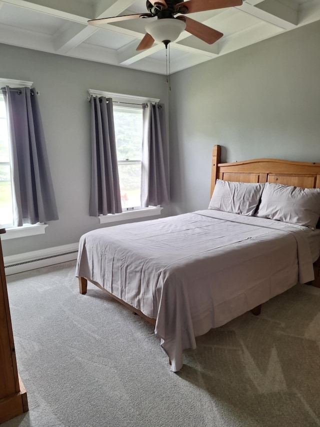 624 N Main St, Evart, MI 49631 - bedroom featuring a baseboard heating unit, carpet, beamed ceiling, ceiling fan, and coffered ceiling