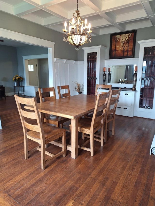 624 N Main St, Evart, MI 49631 - dining space with coffered ceiling, a chandelier, wood finished floors, and beamed ceiling