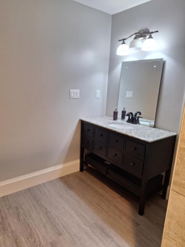 624 N Main St, Evart, MI 49631 - bathroom featuring wood finished floors and vanity