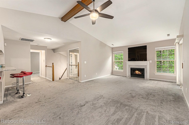 6548 Shetland Ct, Shelby Twp, MI 48316 - unfurnished living room with ceiling fan, light colored carpet, and a fireplace with flush hearth