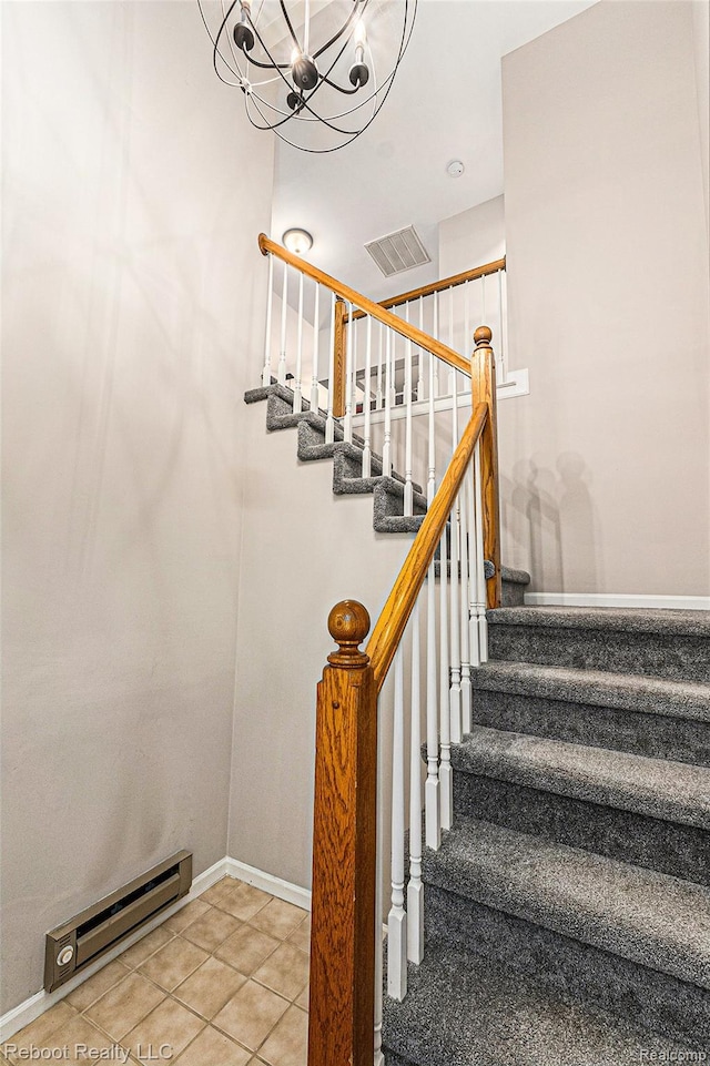 6548 Shetland Ct, Shelby Twp, MI 48316 - stairs with baseboard heating, a chandelier, and tile patterned flooring