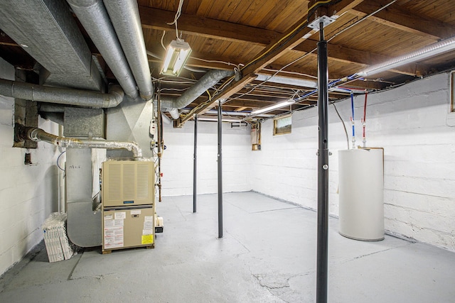 8464 E Michigan Ave, Galesburg, MI 49053 - unfinished basement with water heater, heating unit, and concrete block wall