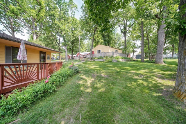5027 Belemere Ct, Manitou Beach, MI 49253 - view of green lawn with a wooden deck
