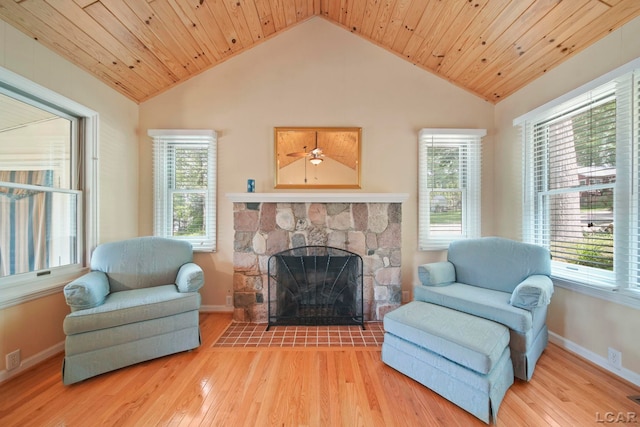 5027 Belemere Ct, Manitou Beach, MI 49253 - living area featuring a fireplace, wood-type flooring, vaulted ceiling, and plenty of natural light