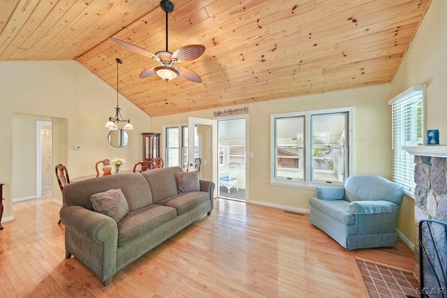 5027 Belemere Ct, Manitou Beach, MI 49253 - living room featuring wooden ceiling, light wood-style flooring, healthy amount of natural light, a ceiling fan, and high vaulted ceiling