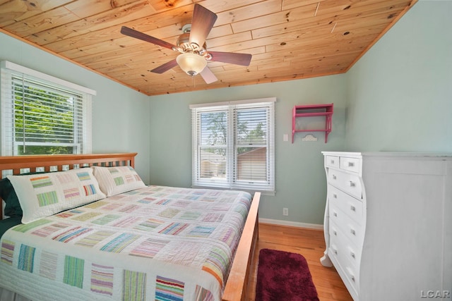 5027 Belemere Ct, Manitou Beach, MI 49253 - bedroom featuring wooden ceiling, multiple windows, light wood-style floors, and a ceiling fan