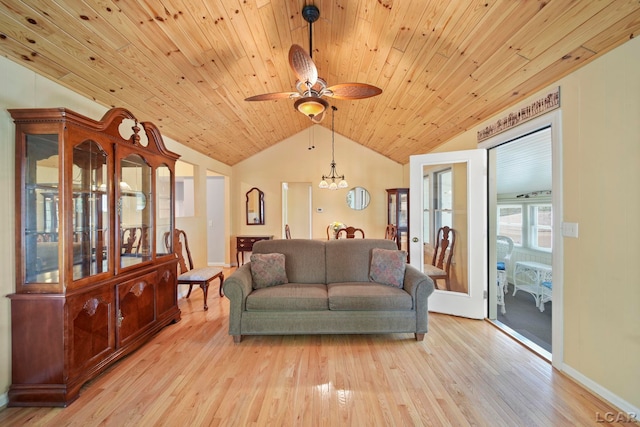 5027 Belemere Ct, Manitou Beach, MI 49253 - living room featuring lofted ceiling, wooden ceiling, light wood-style floors, ceiling fan, and a chandelier