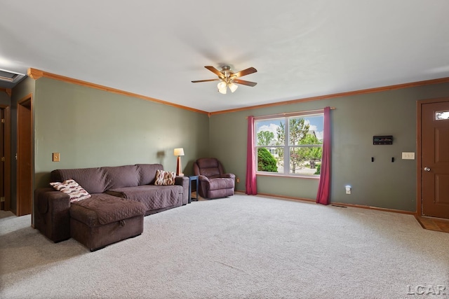 7673 Dalton Rd, Onsted, MI 49265 - carpeted living room featuring ceiling fan and crown molding