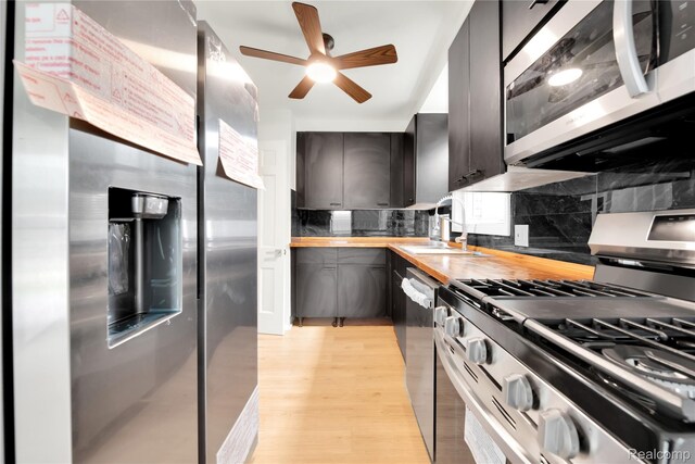20120 Norwood St, Detroit, MI 48234 - kitchen featuring appliances with stainless steel finishes, wooden counters, ceiling fan, tasteful backsplash, and light wood-type flooring