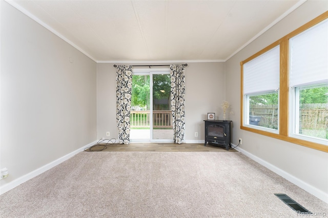 5806 Commanche Ln, Howell, MI 48843 - empty room featuring a wood stove, carpet floors, ornamental molding, and healthy amount of natural light