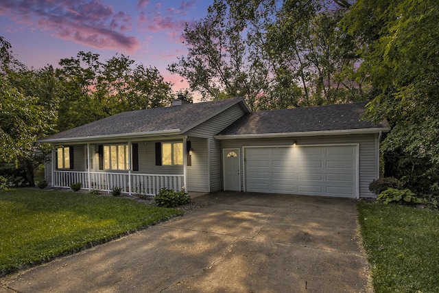 4760 Briarhill Dr, Portage, MI 49024 - ranch-style home with a porch, an attached garage, a chimney, concrete driveway, and a front lawn