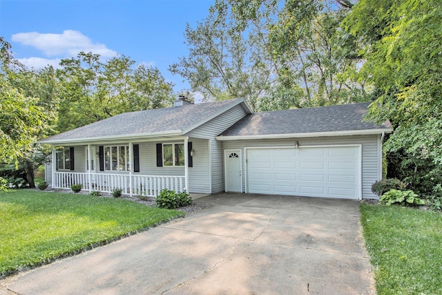4760 Briarhill Dr, Portage, MI 49024 - ranch-style house featuring a porch, a garage, driveway, a chimney, and a front lawn
