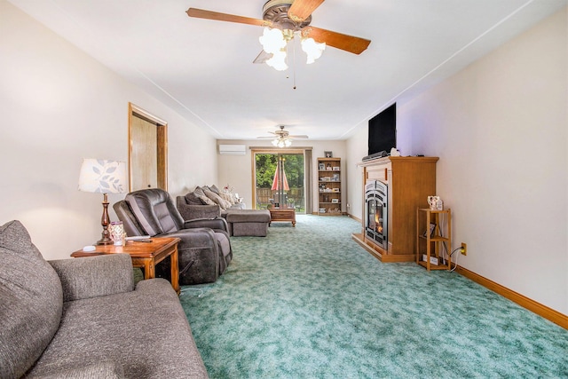 201 Beaumont Dr, Battle Creek, MI 49014 - living room featuring ceiling fan, carpet flooring, a glass covered fireplace, and an AC wall unit