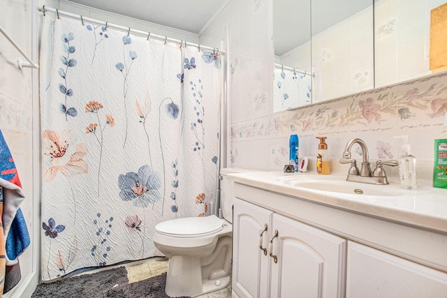 201 Beaumont Dr, Battle Creek, MI 49014 - full bath with tile walls, vanity, ornamental molding, and a shower with shower curtain