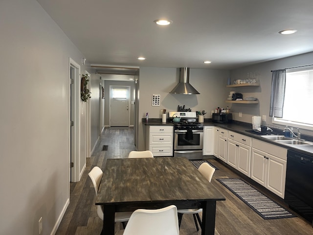 2374 S M 30, West Branch, MI 48661 - kitchen featuring gas range, wall chimney range hood, black dishwasher, open shelves, and plenty of natural light