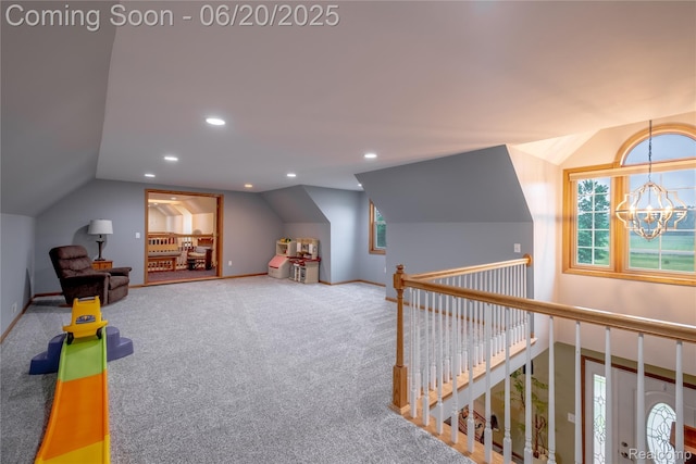 8420 Beers Rd, Swartz Creek, MI 48473 - game room featuring lofted ceiling, a chandelier, healthy amount of natural light, recessed lighting, and carpet