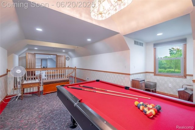 8420 Beers Rd, Swartz Creek, MI 48473 - rec room featuring wainscoting, carpet, billiards table, lofted ceiling, and recessed lighting
