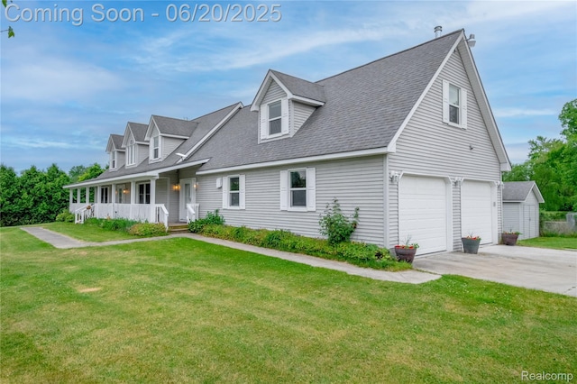 8420 Beers Rd, Swartz Creek, MI 48473 - cape cod-style house with an attached garage, a front lawn, concrete driveway, a porch, and a shingled roof