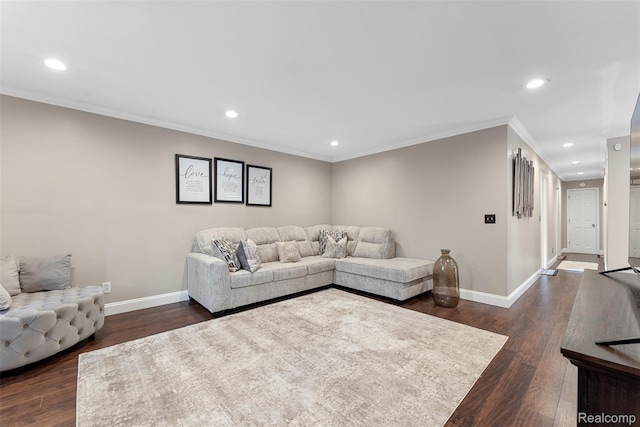 4981 Harding St, Dearborn Heights, MI 48125 - living room with recessed lighting, ornamental molding, and dark wood-type flooring
