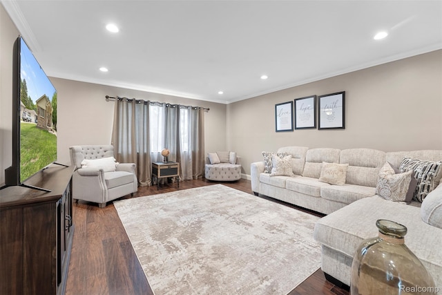 4981 Harding St, Dearborn Heights, MI 48125 - living area featuring ornamental molding, recessed lighting, and dark wood finished floors
