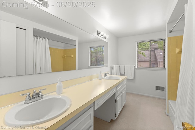 3150 Wellington Ct, West Bloomfield, MI 48324 - bathroom featuring double vanity and shower / bathtub combination with curtain